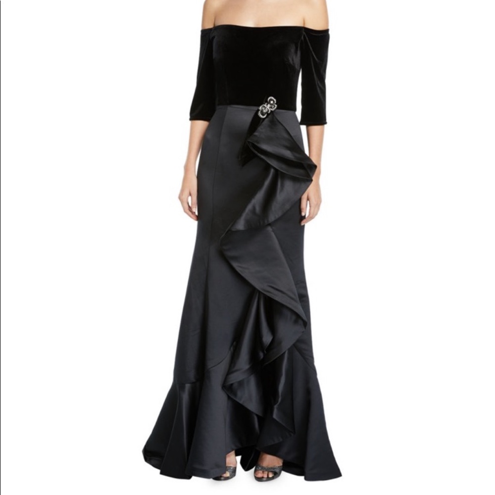 Jovani Black Velvet 3/4 Sleeve Evening Gown